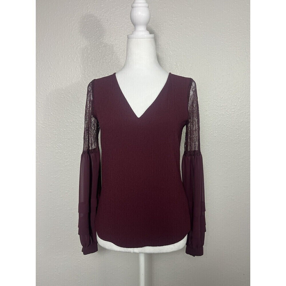 Express‎ Women’s Deep Maroon Red Long Sleeve Lace Blouse Size XXS Petites A4